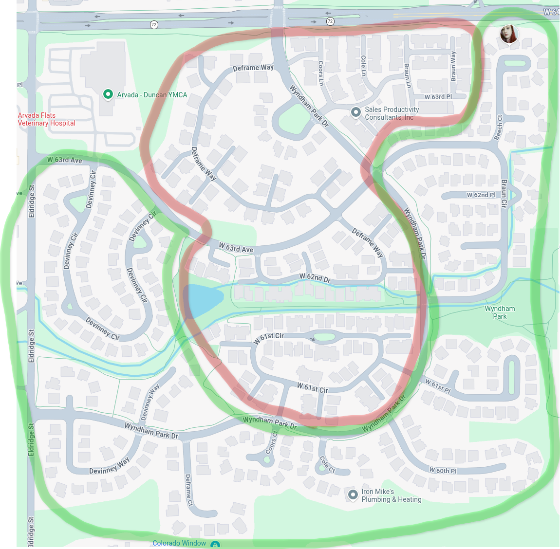 Map of Wyndham Park neighborhood with green outline marking streets with strong trick-or-treat participation and red outline marking streets with sparse participation.